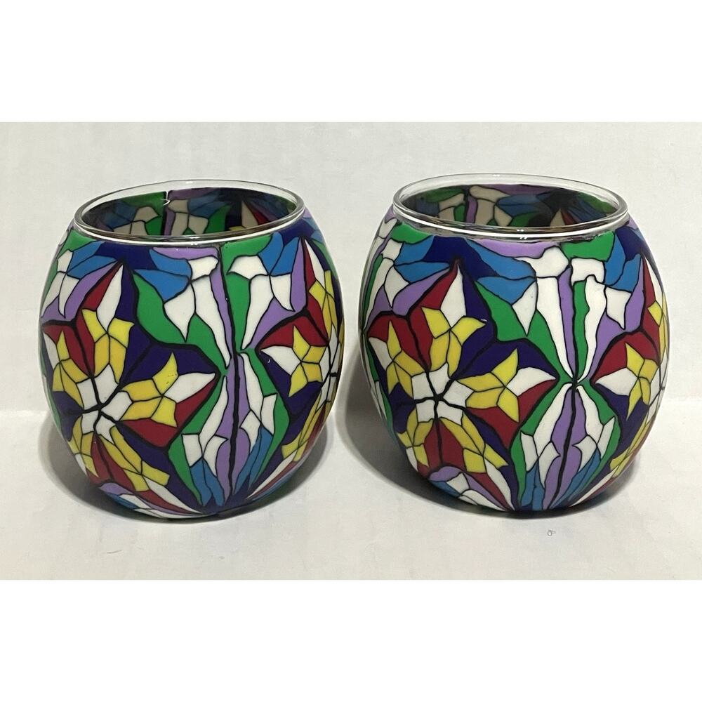 Vtg Christmas Around the World Tiffany Votives Glass w Painted Overlay Set of 2